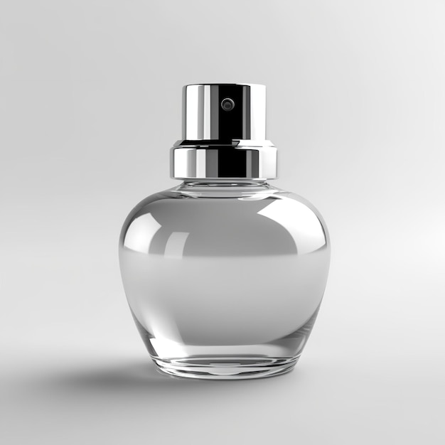 Um frasco de perfume com uma tampa prateada no topo.