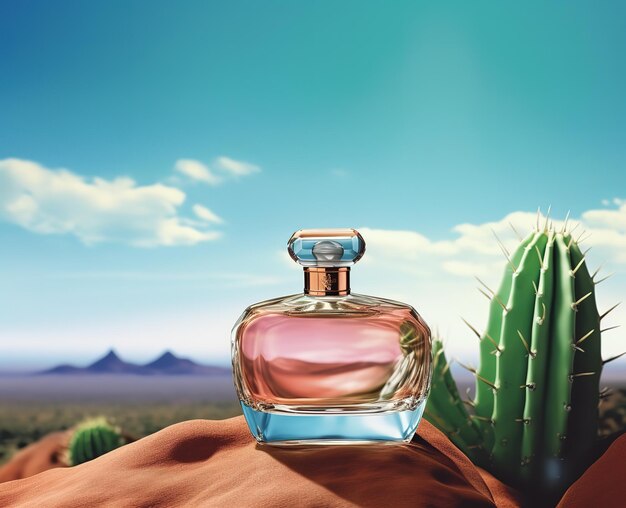 Um frasco de perfume está em um fundo de deserto com um cacto.