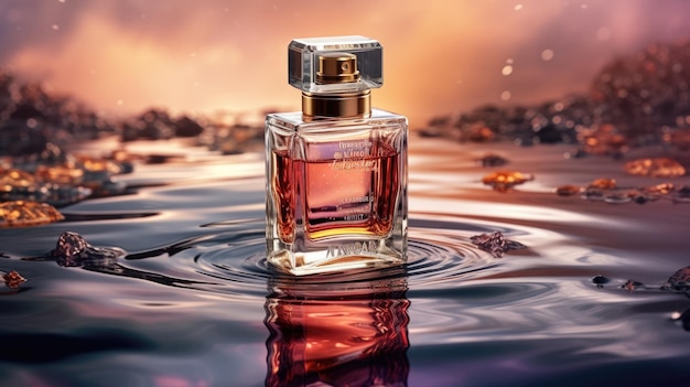 Um frasco de perfume está na água com a palavra perfume nele.