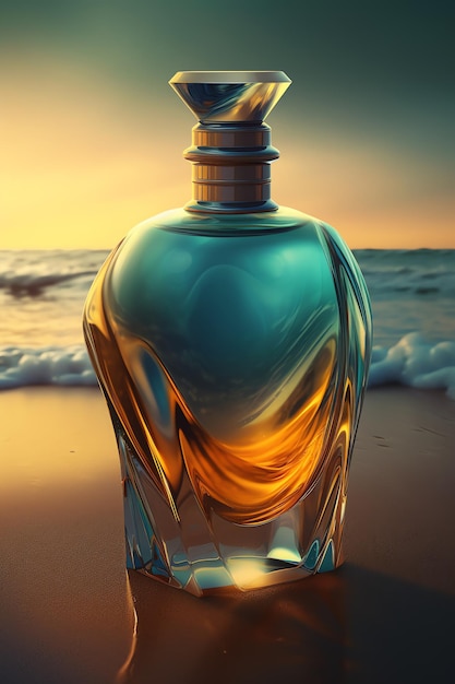 Um frasco de perfume está na praia e o céu está laranja.