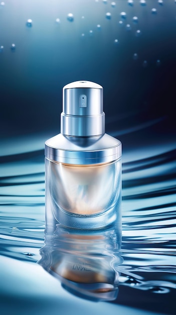 Um frasco de perfume está sobre um fundo azul.