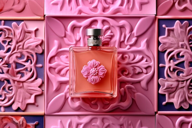 Um frasco de perfume está sobre um ladrilho rosa com uma flor.