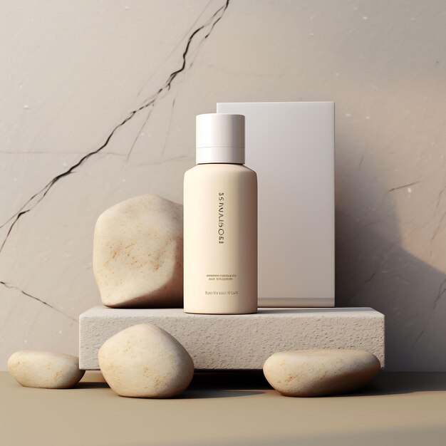 um frasco de perfume fica em uma plataforma de pedra com uma caixa branca com o texto "natural".