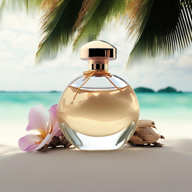 Um frasco de perfume fica em uma praia ao lado de uma palmeira.