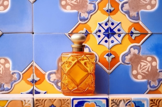 Um frasco de perfume fica em uma prateleira ao lado de um ladrilho azul e laranja.