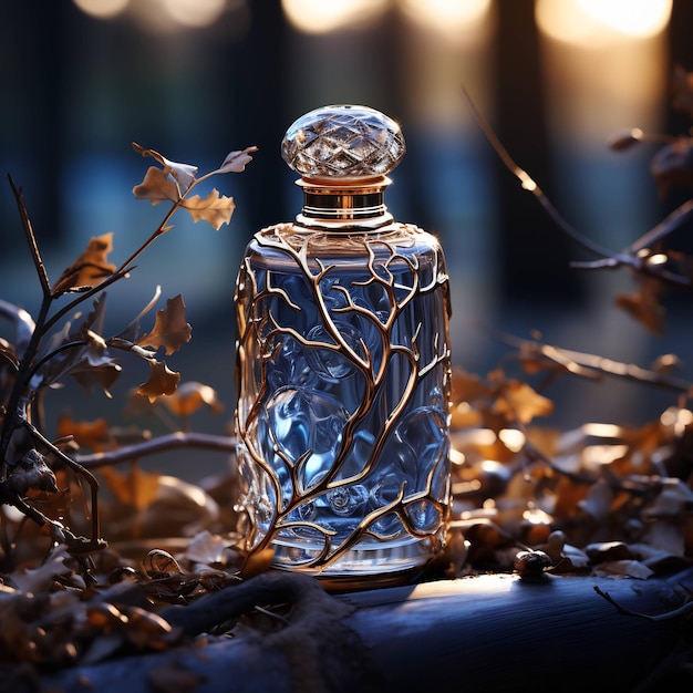 um frasco de perfume fica sobre uma mesa com folhas e galhos