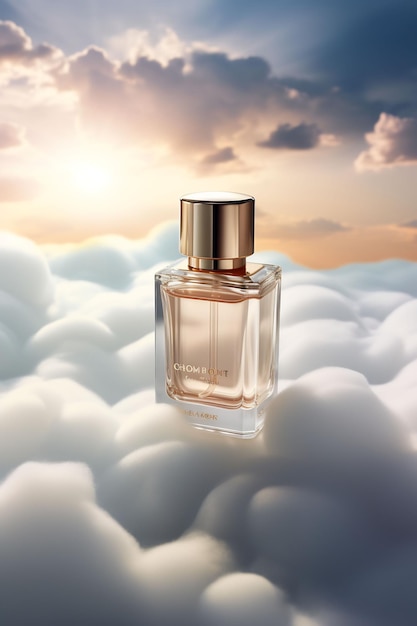 um frasco de perfume nas nuvens