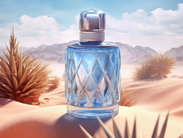 Um frasco de perfume no deserto com um céu azul ao fundo