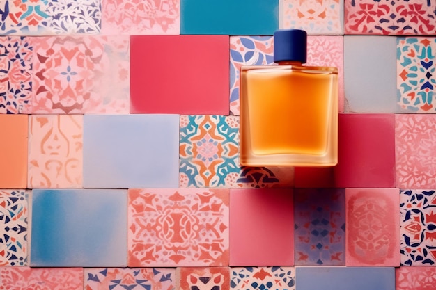 Um frasco de perfume repousa sobre uma parede de azulejos coloridos.