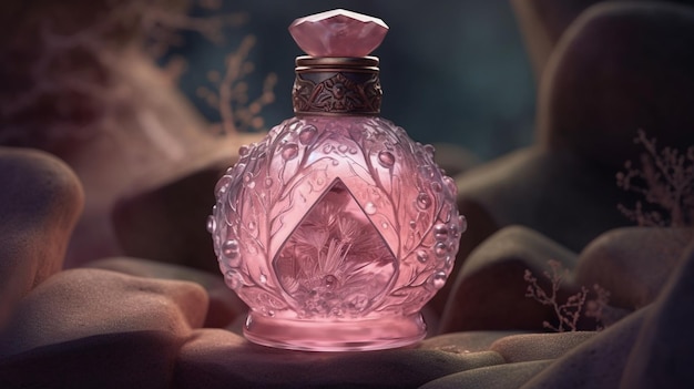 Um frasco de perfume rosa com um topo em forma de diamante.