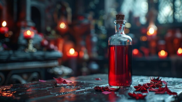 Um frasco de sangue de vampiros num altar rituais sombrios