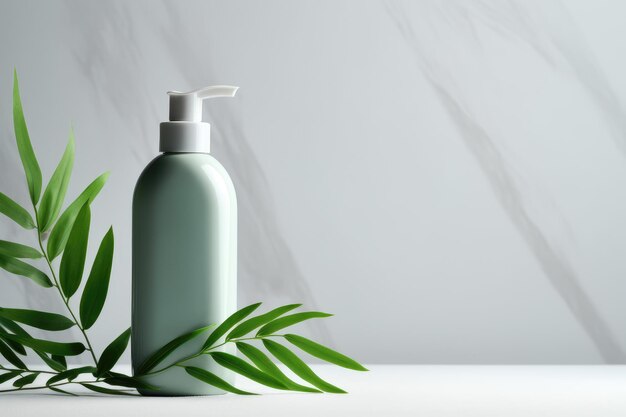 um frasco de shampoo com uma planta ao fundo.