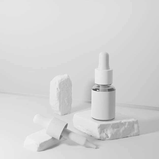 Foto um frasco de soro cosmético em rocha branca em uma sala vazia render de produto 3d para mockup