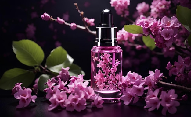 Foto um frasco de soro facial cercado por flores de lila rosa