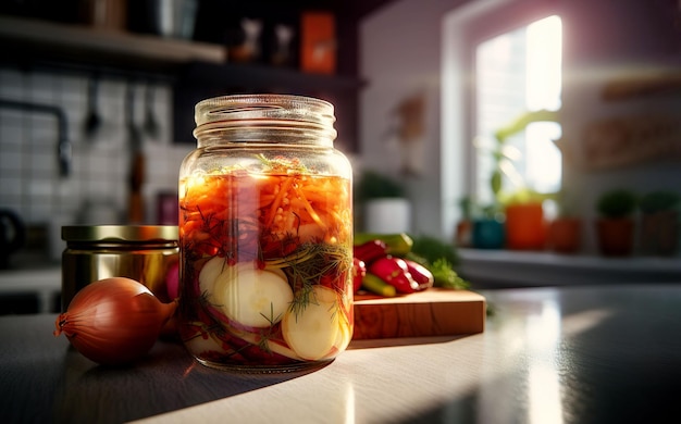 Um frasco de variados vegetais fermentados salgados cenouras e alho em uma mesa de madeira com um fundo dessaturado