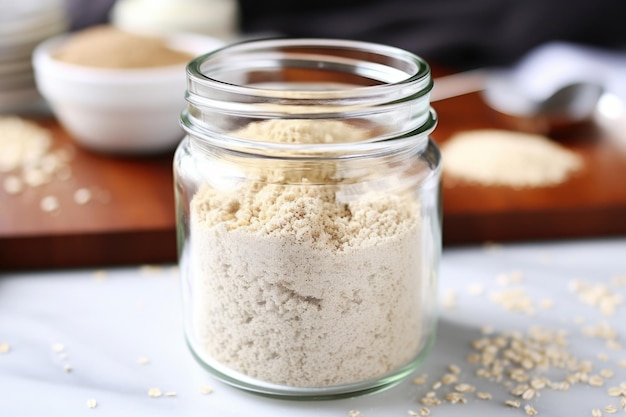 Um frasco de vidro cheio de mistura de biscoitos sem alérgenos