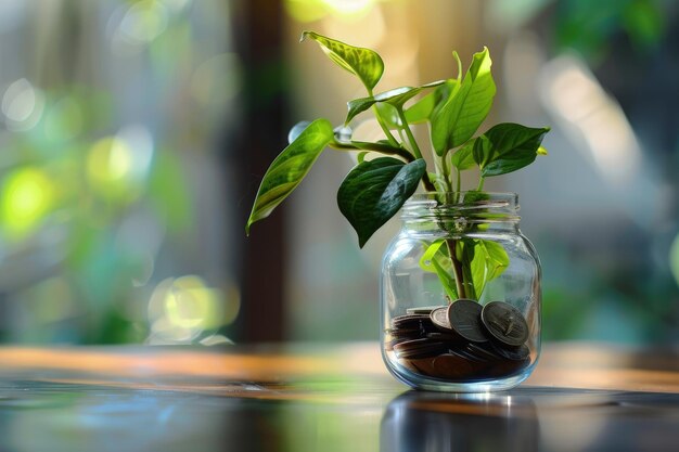 Um frasco de vidro cheio de moedas e uma planta