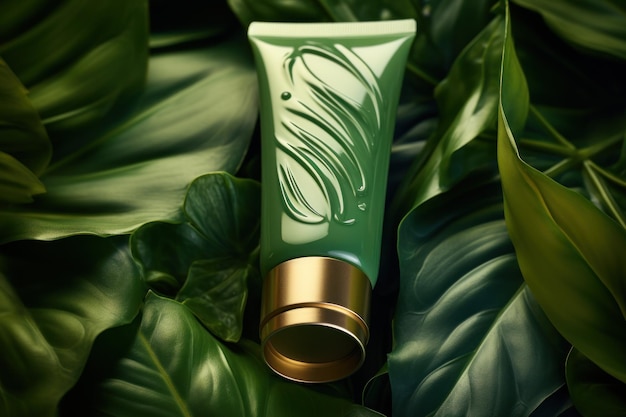 Um frasco verde de cosméticos em folhas tropicais verdes