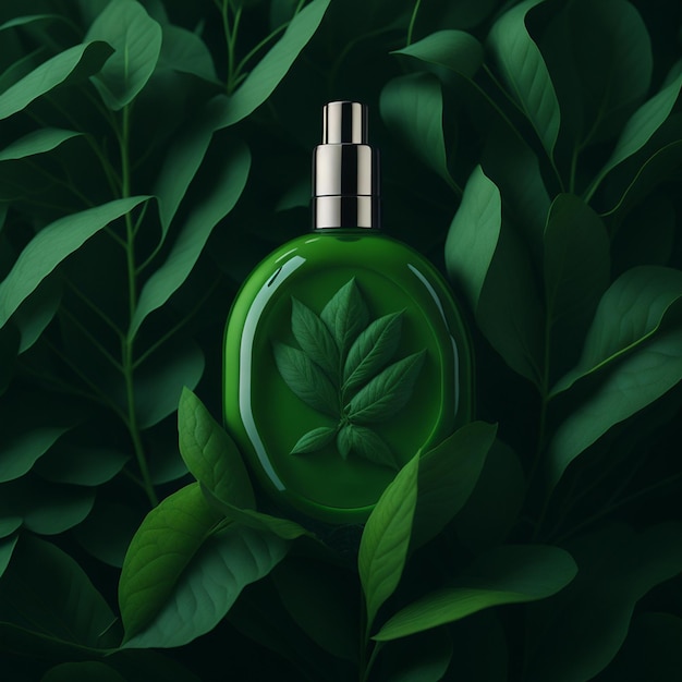 Um frasco verde de perfume com uma folha