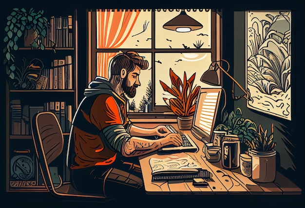 Um freelancer trabalha atrás de um laptop Local de trabalho do escritório em casa Gerar Ai