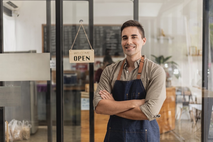 Um funcionário do café em frente à loja cumprimenta os clientes e tem uma placa que diz aberto para mostrar que a loja está aberta, um funcionário abre a loja para servir comidas e bebidas.