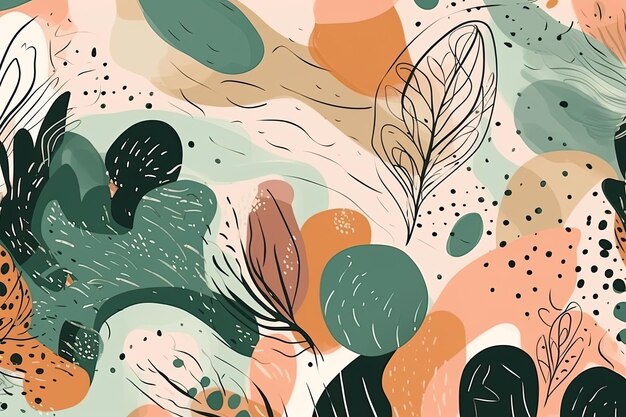 Um fundo abstrato colorido com um padrão de folhas e um pássaro.