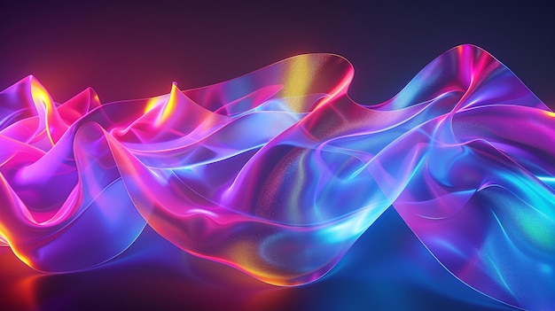 Um fundo abstrato com fitas onduladas de néon com gradiente de espectro brilhante e renderização 3D