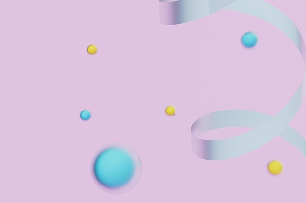 Um fundo abstrato no qual há bolas multicoloridas e uma fita em uma renderização 3D de fundo pastel