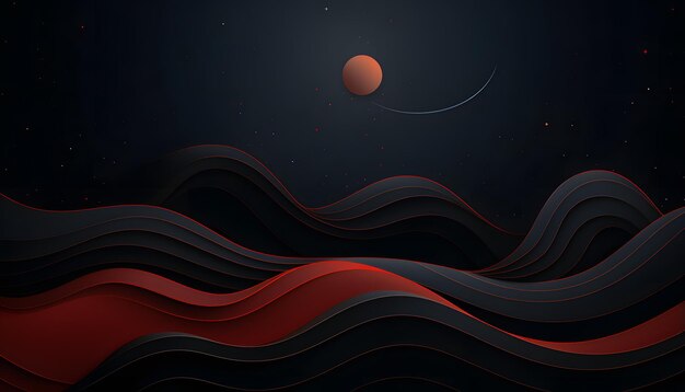 Um fundo abstrato vermelho e preto com ondas giratórias e uma lua brilhante