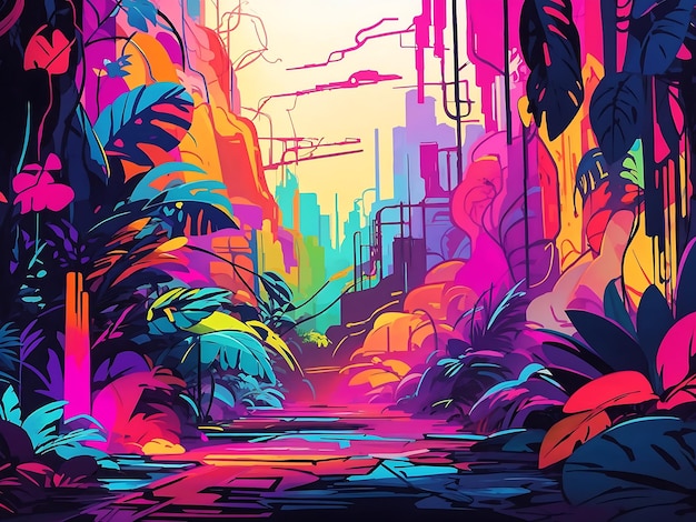 um fundo abstrato vibrante que funde elementos de uma selva com tons elétricos e neon