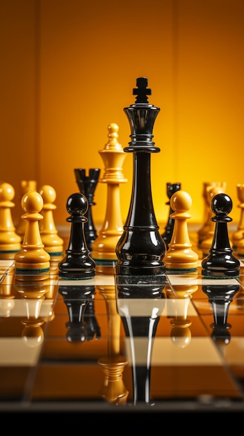 Um fundo amarelo acentua a presença das peças de xadrez e do