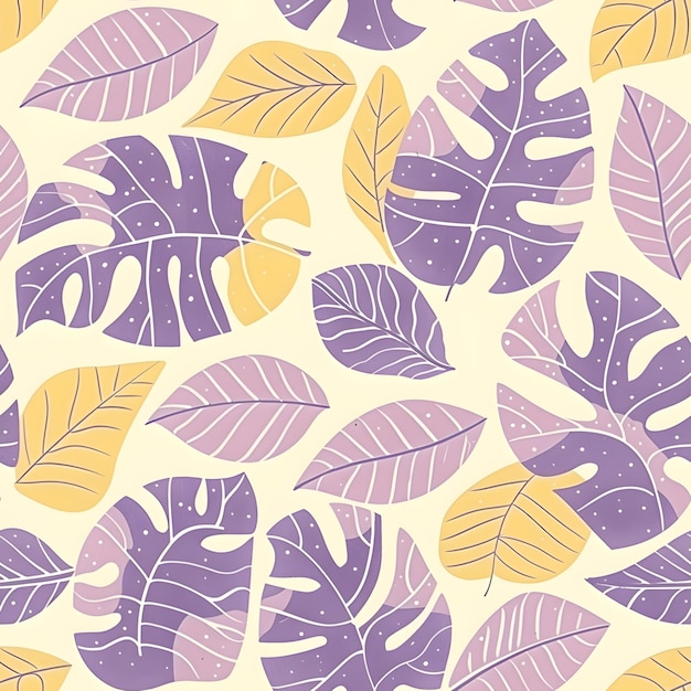 um fundo amarelo com flores e folhas roxas