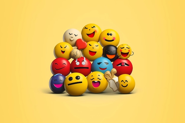 Um fundo amarelo com um grupo de bolas com carinhas sorridentes e uma delas com uma caixa amarela.