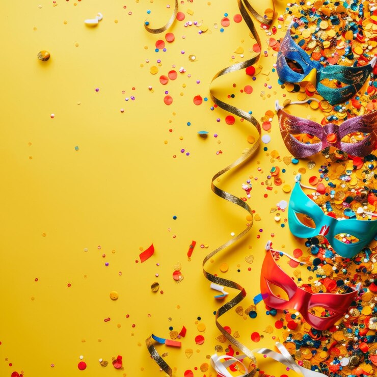 Foto um fundo amarelo com um monte de máscaras coloridas e confeti