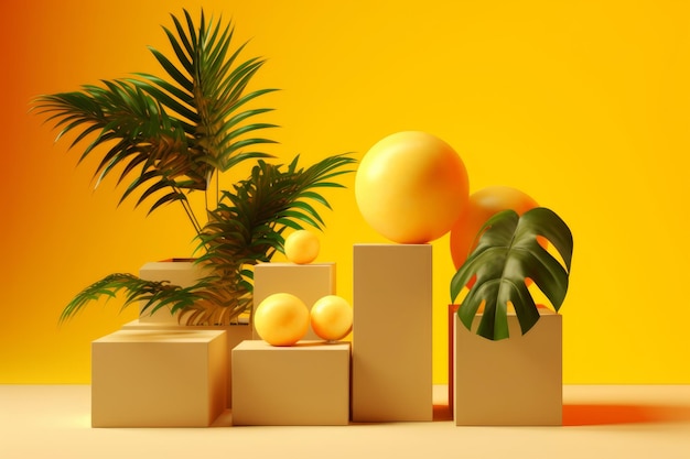 Um fundo amarelo com uma planta e uma caixa com laranjas