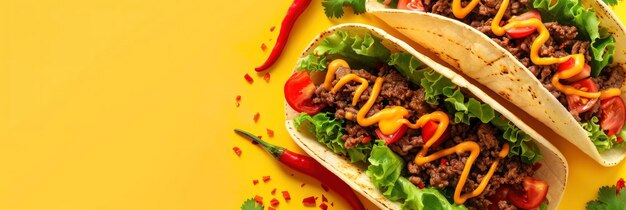 Um fundo amarelo contém dois tacos de carne bovina e vegetais