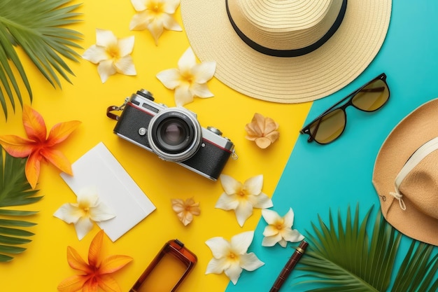 Um fundo amarelo e azul com uma câmera um chapéu um telefone um bloco de notas e flores