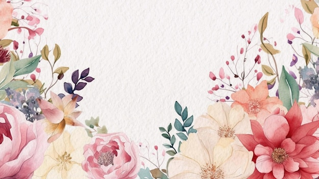 Um fundo aquarela com flores e folhas.