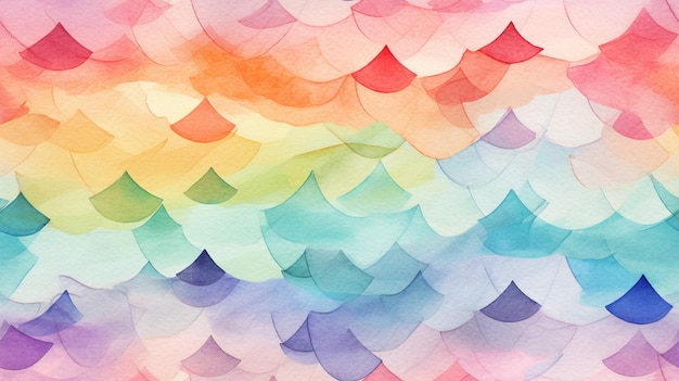 Um fundo aquarela com um padrão de arco-íris de peixes e conchas do mar.