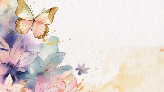 Um fundo aquarela com uma borboleta e flores.
