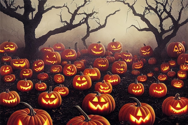 Um fundo assustador de tema de horror de Halloween com abóboras e morcegos