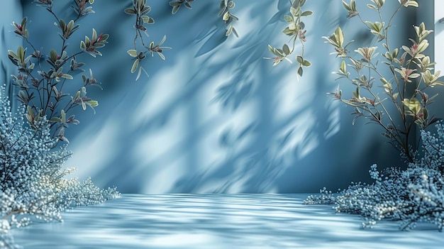 Um fundo azul claro abstrato mínimo com intrincadas sombras de galhos de árvores para apresentações de produtos