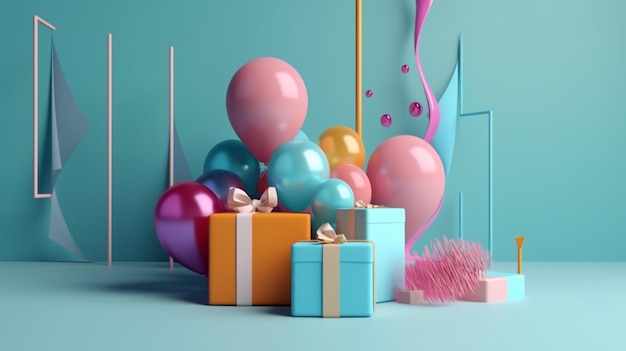 Um fundo azul com balões e balões e um balão rosa