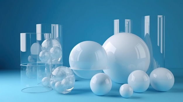Um fundo azul com bolas brancas e vidros.