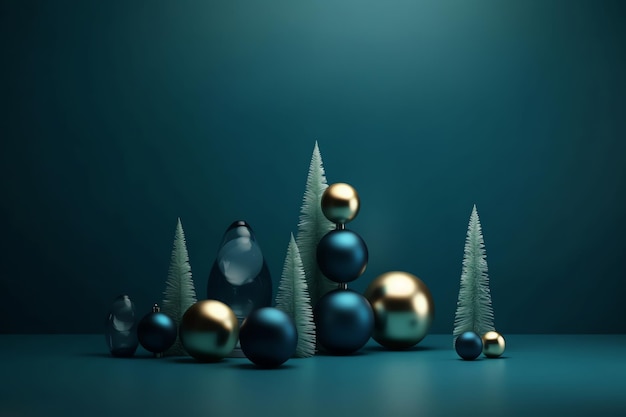 Um fundo azul com bolas de natal e árvores.