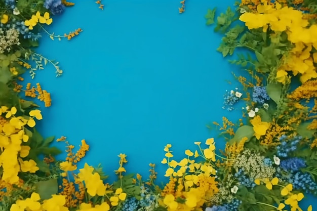 Um fundo azul com flores amarelas e um fundo azul.