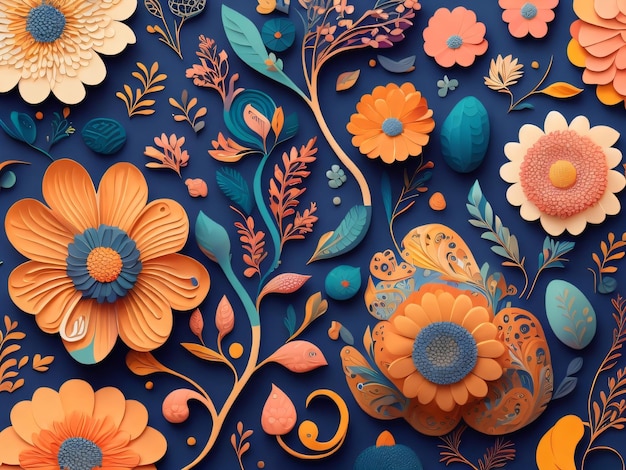 Um fundo azul com flores e folhas de laranja.