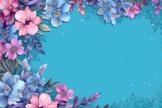 Um fundo azul com flores e folhas