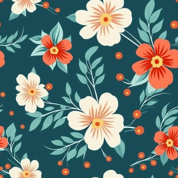 Um fundo azul com flores laranja e brancas e folhas generativas ai