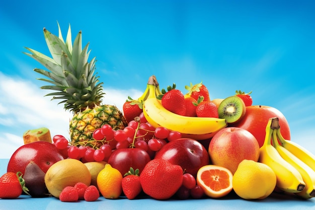 Um fundo azul com frutas e legumes, incluindo bananas, bananas, bananas e outras frutas.